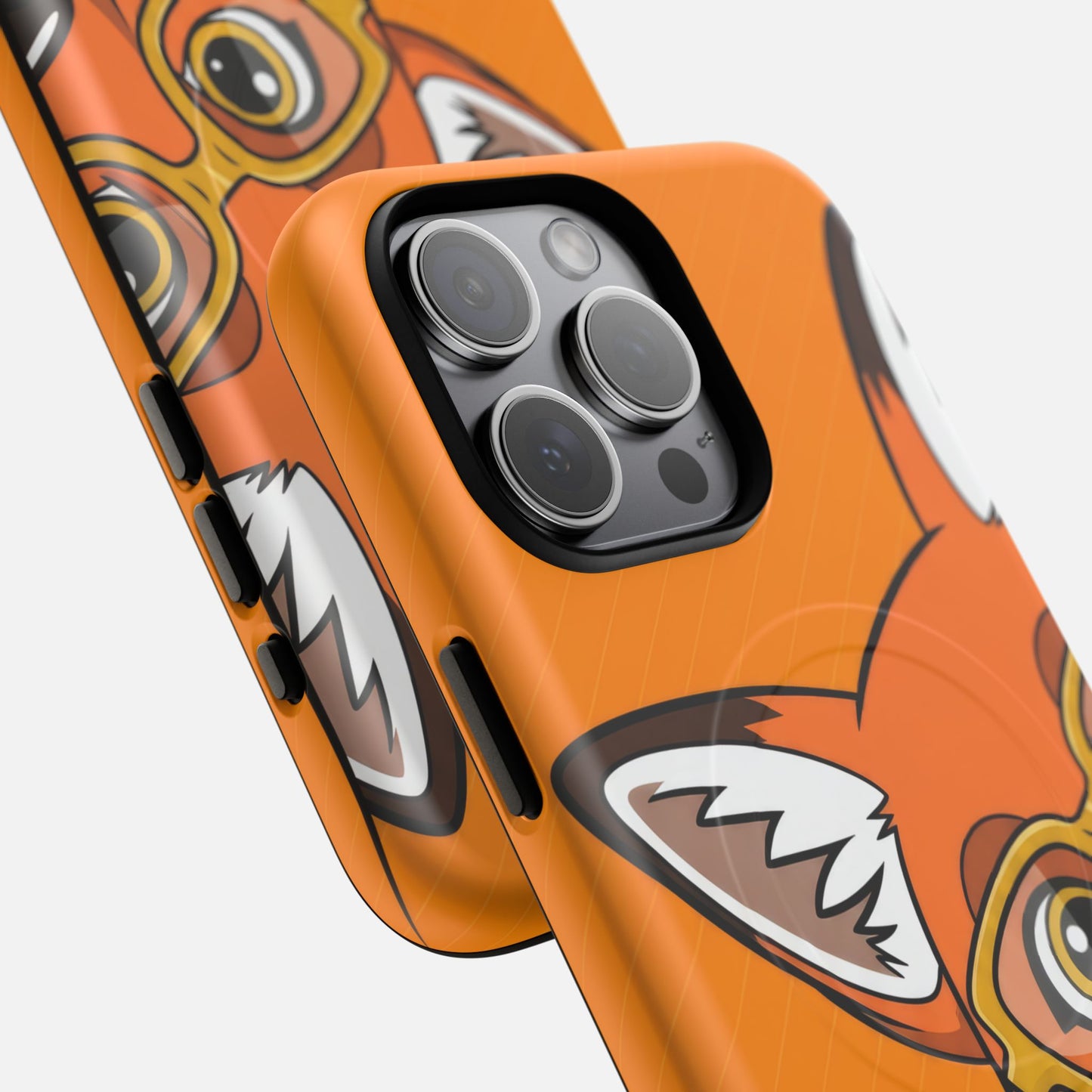 Orange tiger face phone case with bold cartoon design, fits iPhone camera cutout
