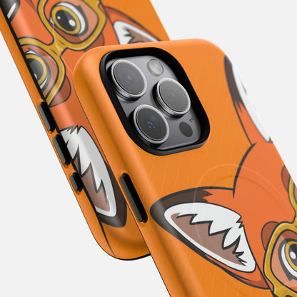 Orange tiger face phone case with bold cartoon design, fits iPhone camera cutout