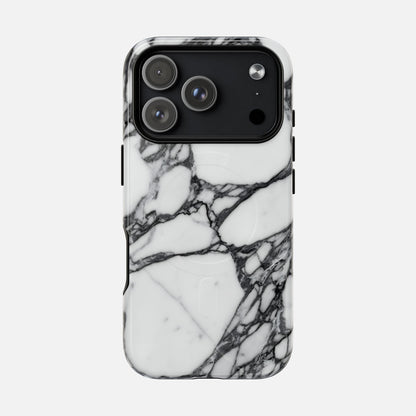 Marble pattern phone case with black and white veining, modern and stylish design