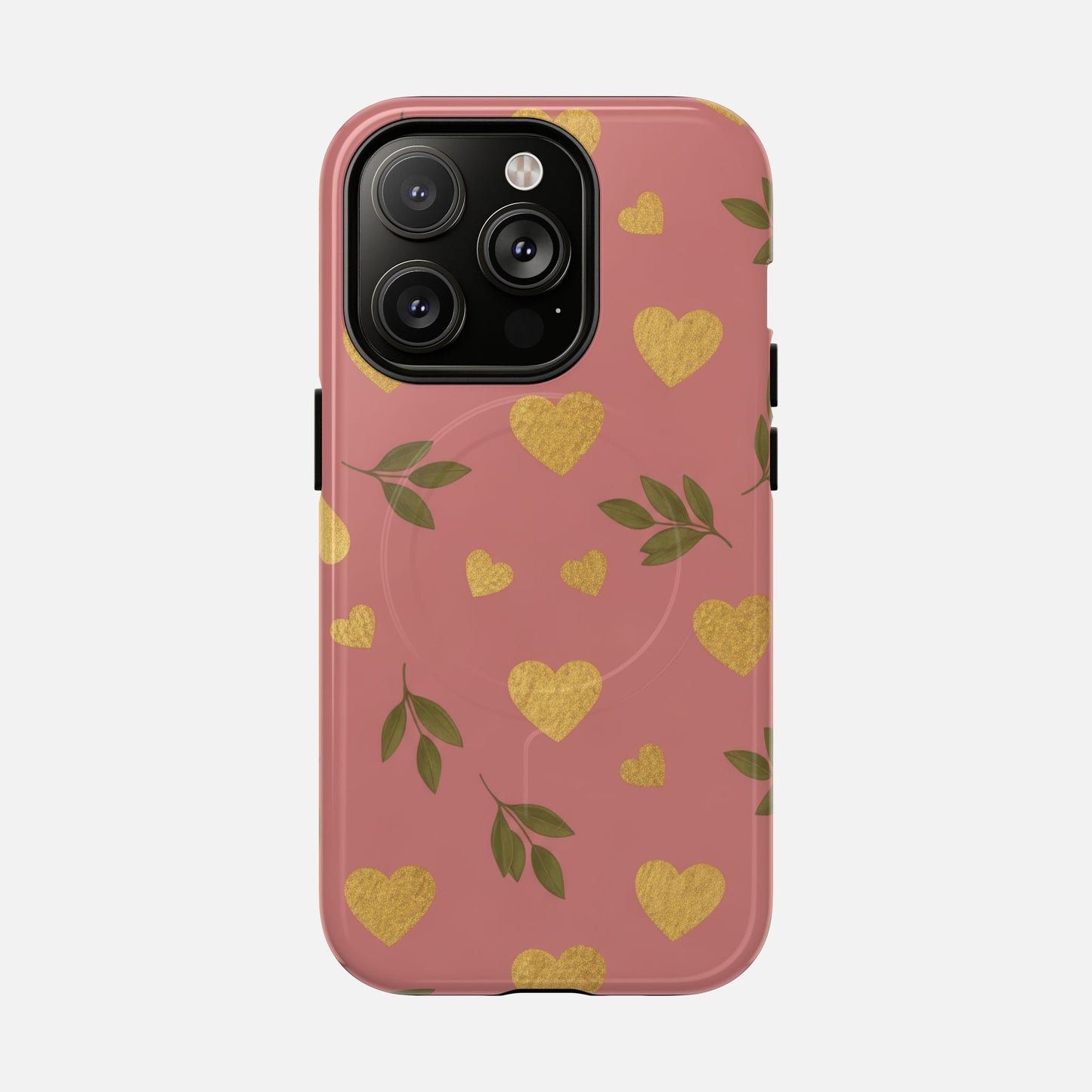 Pink phone case with gold glitter hearts and green leaves, stylish protective cover for iPhone