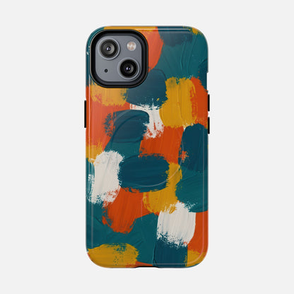 Abstract Brushstroke Tough Magnetic Phone Case — Colorful Teal, Orange & Mustard Protection iPhone 14 Glossy Phone Case
