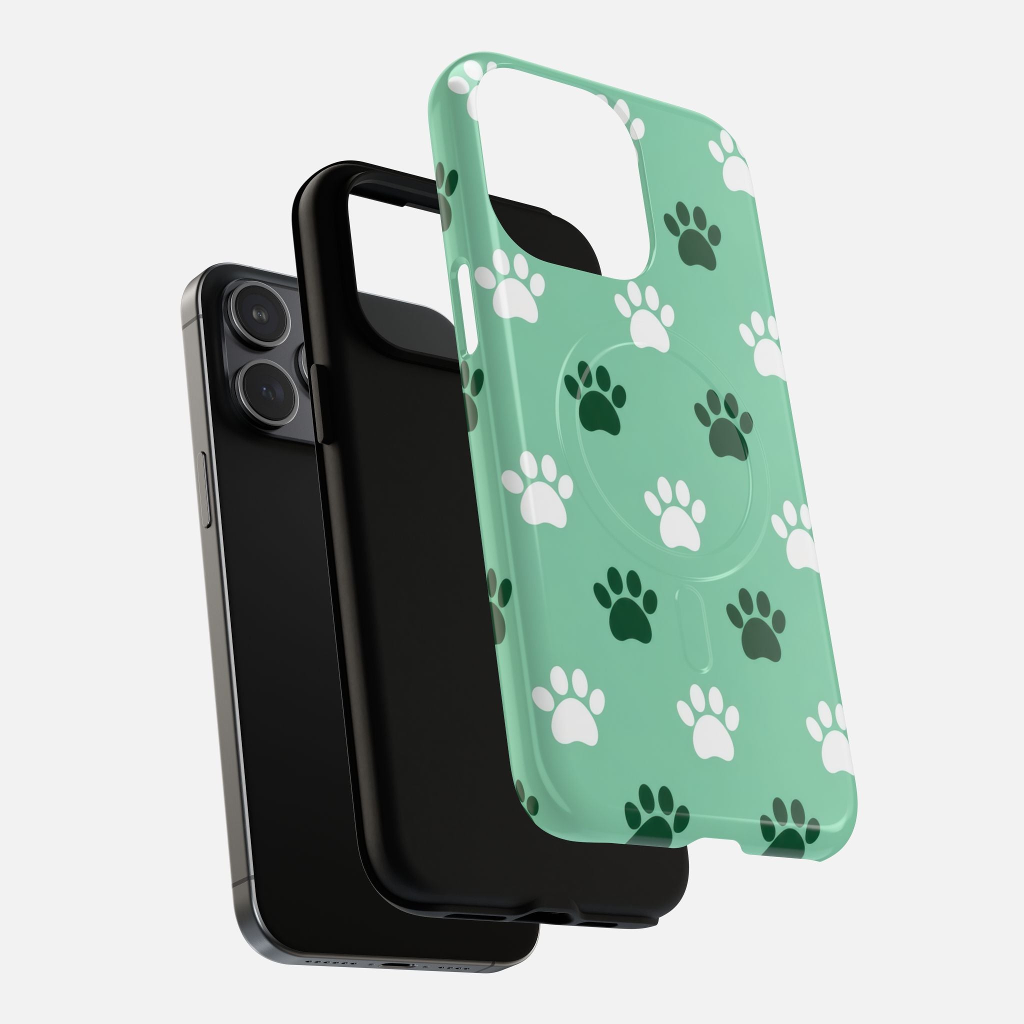 Mint green phone case with white and dark green paw prints, compatible with iPhone models