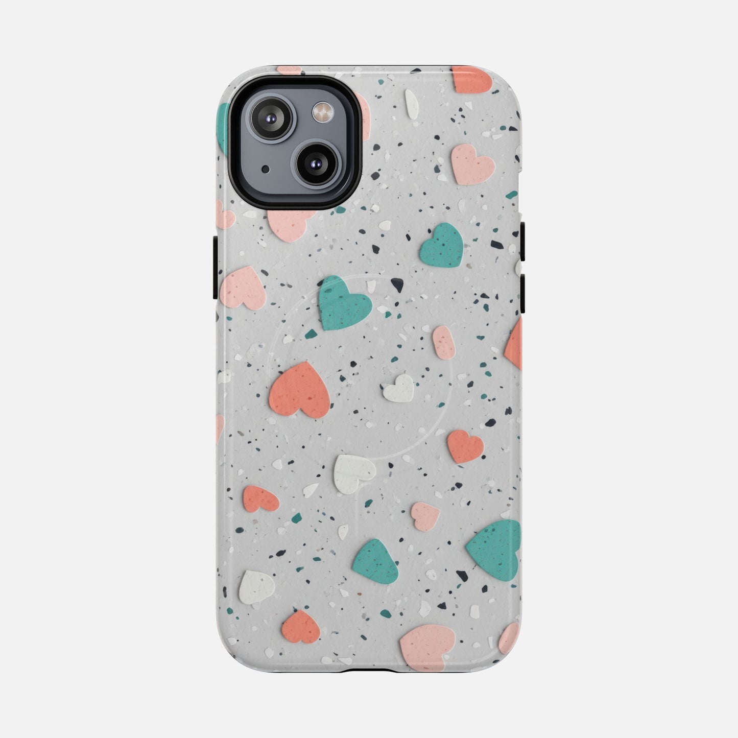 Heart Confetti Tough Magnetic Phone Case — Colorful Terrazzo Love Design iPhone 14 Plus Glossy Phone Case