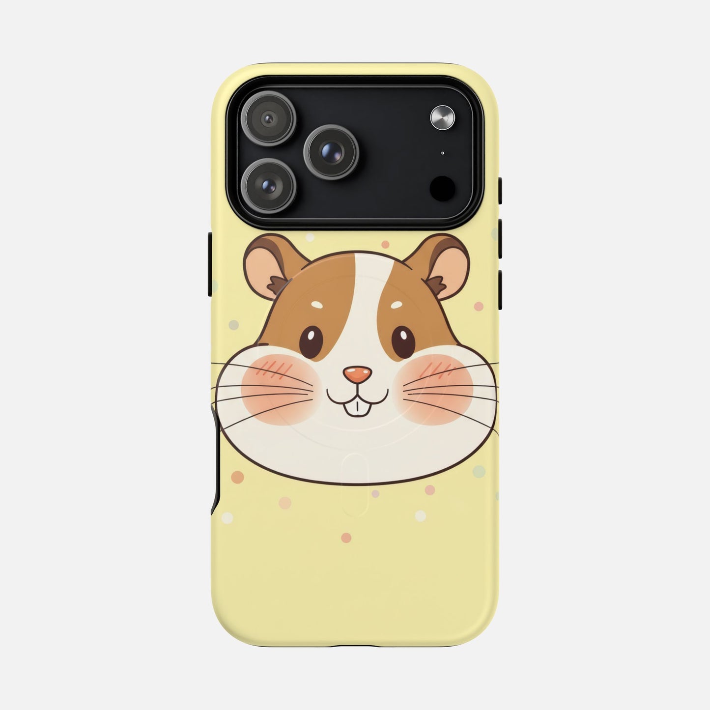 Cute hamster face phone case with pastel yellow background and polka dots, protective design for iPhone