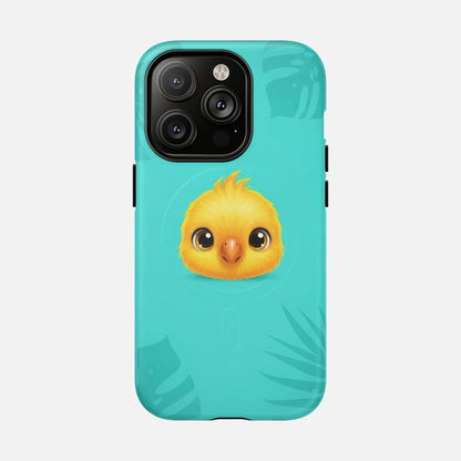 Cute yellow chick phone case with tropical leaves on teal background, fits iPhone Pro models