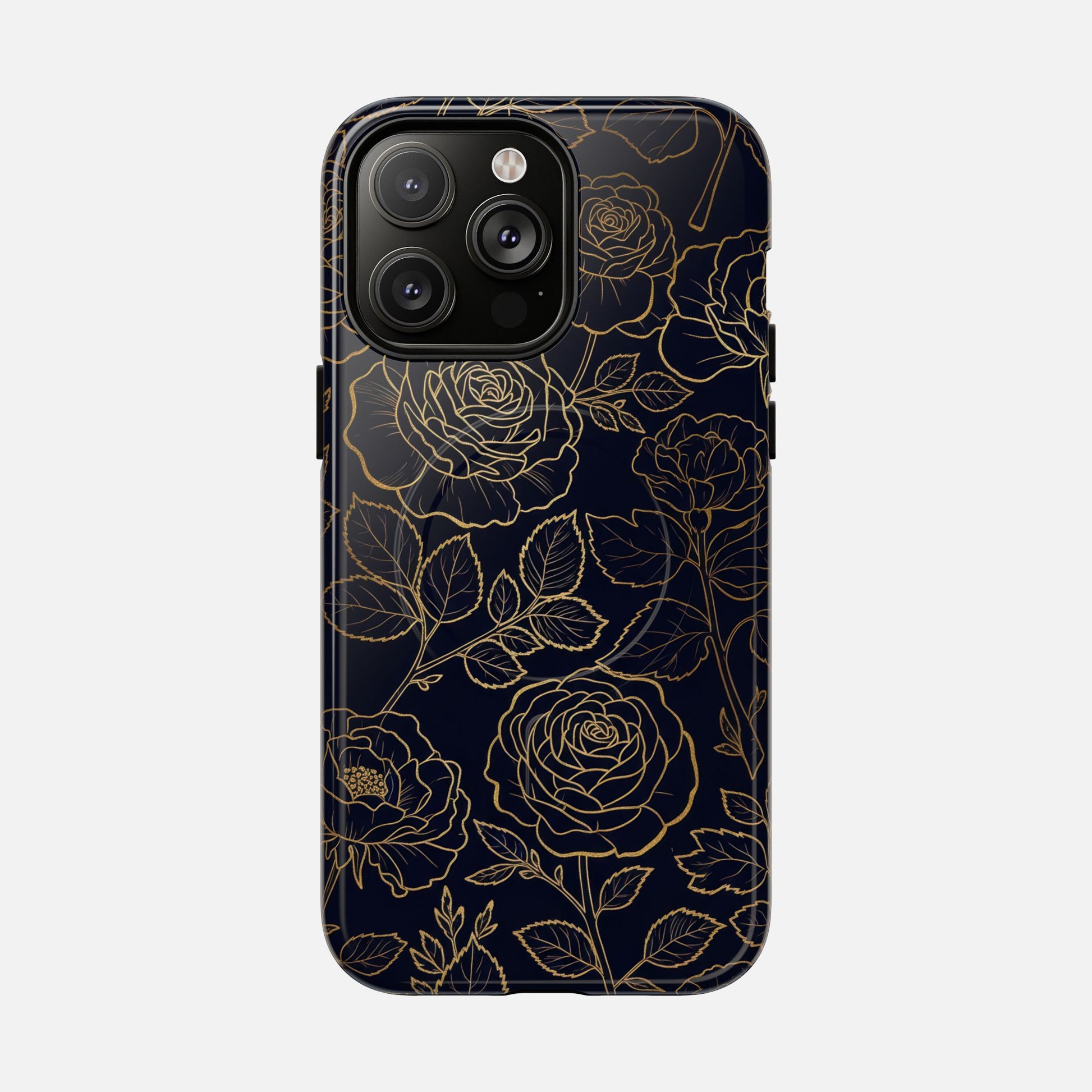 Floral Gold Outline Tough Magnetic Case — Elegant Black Rose Phone Cover iPhone 14 Pro Max Glossy Phone Case