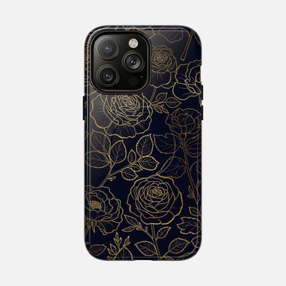 Floral Gold Outline Tough Magnetic Case — Elegant Black Rose Phone Cover iPhone 14 Pro Max Glossy Phone Case
