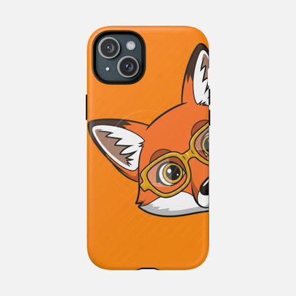 Cute fox with glasses phone case, orange background, creative design for iPhone