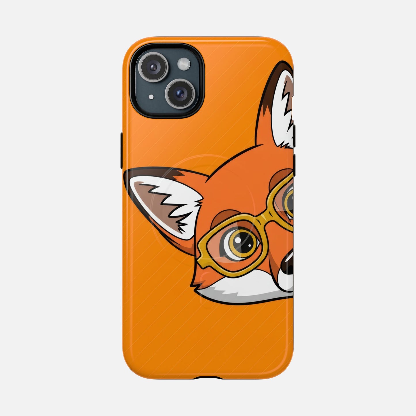 Cute fox with glasses phone case, orange background, creative design for iPhone