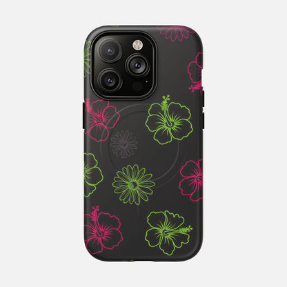 Neon Hibiscus Tough Magnetic Phone Case — Tropical Floral Protective Cover iPhone 14 Pro Matte Phone Case