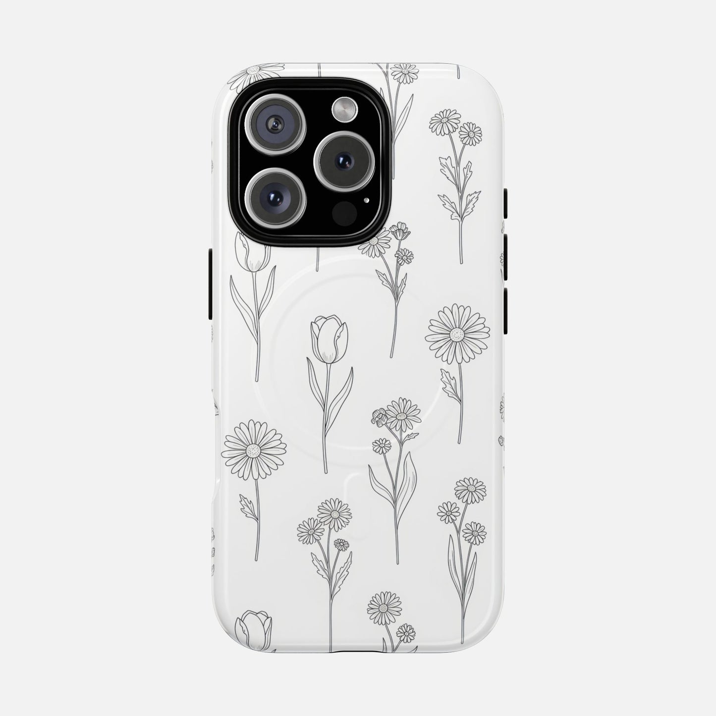 Floral Sketch Tough Magnetic Phone Case — Minimal Black Line Flower Design iPhone 16 Pro Glossy Phone Case