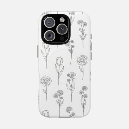 Floral Sketch Tough Magnetic Phone Case — Minimal Black Line Flower Design iPhone 16 Pro Glossy Phone Case