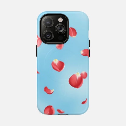 Light blue phone case with floating red rose petals, stylish floral design for iPhone