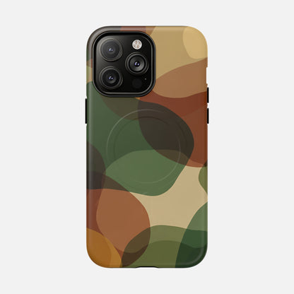 Camouflage phone case with green, brown, and tan pattern for iPhone 15 Pro Max