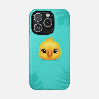 Cute yellow chick phone case with tropical leaves on teal background, fits iPhone Pro models