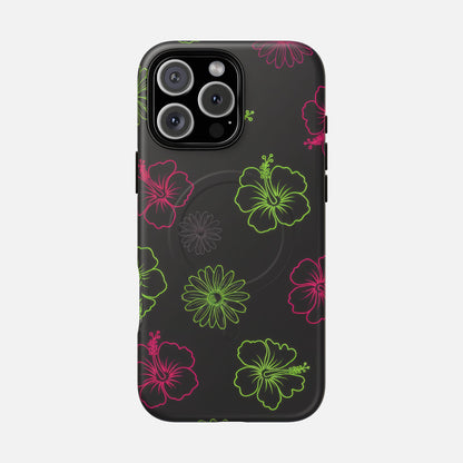 Neon Hibiscus Tough Magnetic Phone Case — Tropical Floral Protective Cover iPhone 16 Pro Max Matte Phone Case