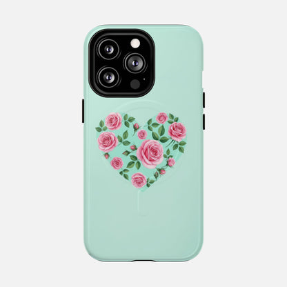 Floral Heart & Mint Rose iPhone Case — Tough Magnetic | MagSafe Compatible
