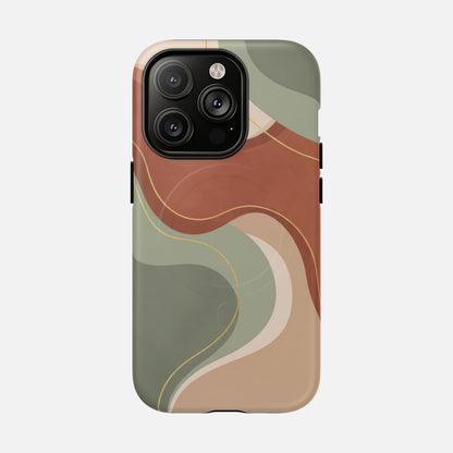 iPhone case with abstract wave design in earthy tones, modern phone protection with artistic print