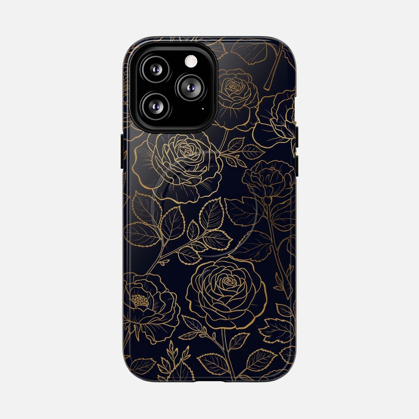Floral Gold Outline Tough Magnetic Case — Elegant Black Rose Phone Cover iPhone 13 Pro Max Glossy Phone Case