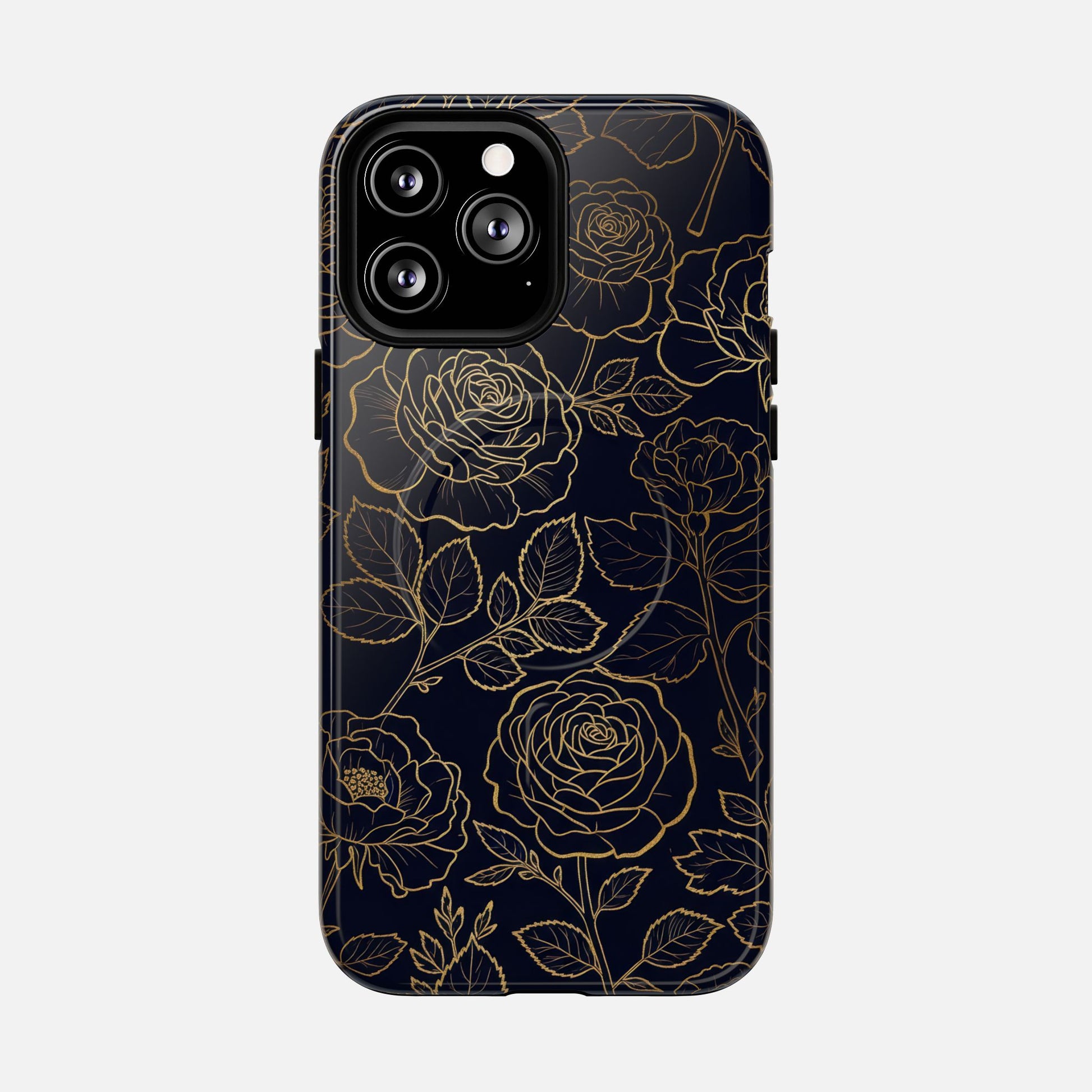 Floral Gold Outline Tough Magnetic Case — Elegant Black Rose Phone Cover iPhone 13 Pro Max Glossy Phone Case