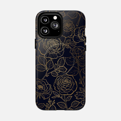 Floral Gold Outline Tough Magnetic Case — Elegant Black Rose Phone Cover iPhone 13 Pro Max Glossy Phone Case