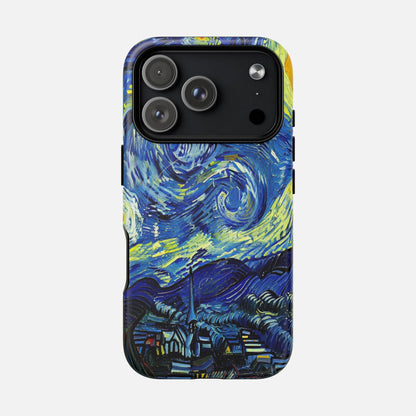iPhone case with Van Gogh's Starry Night artwork, vibrant blue and yellow swirls, creative phone protection