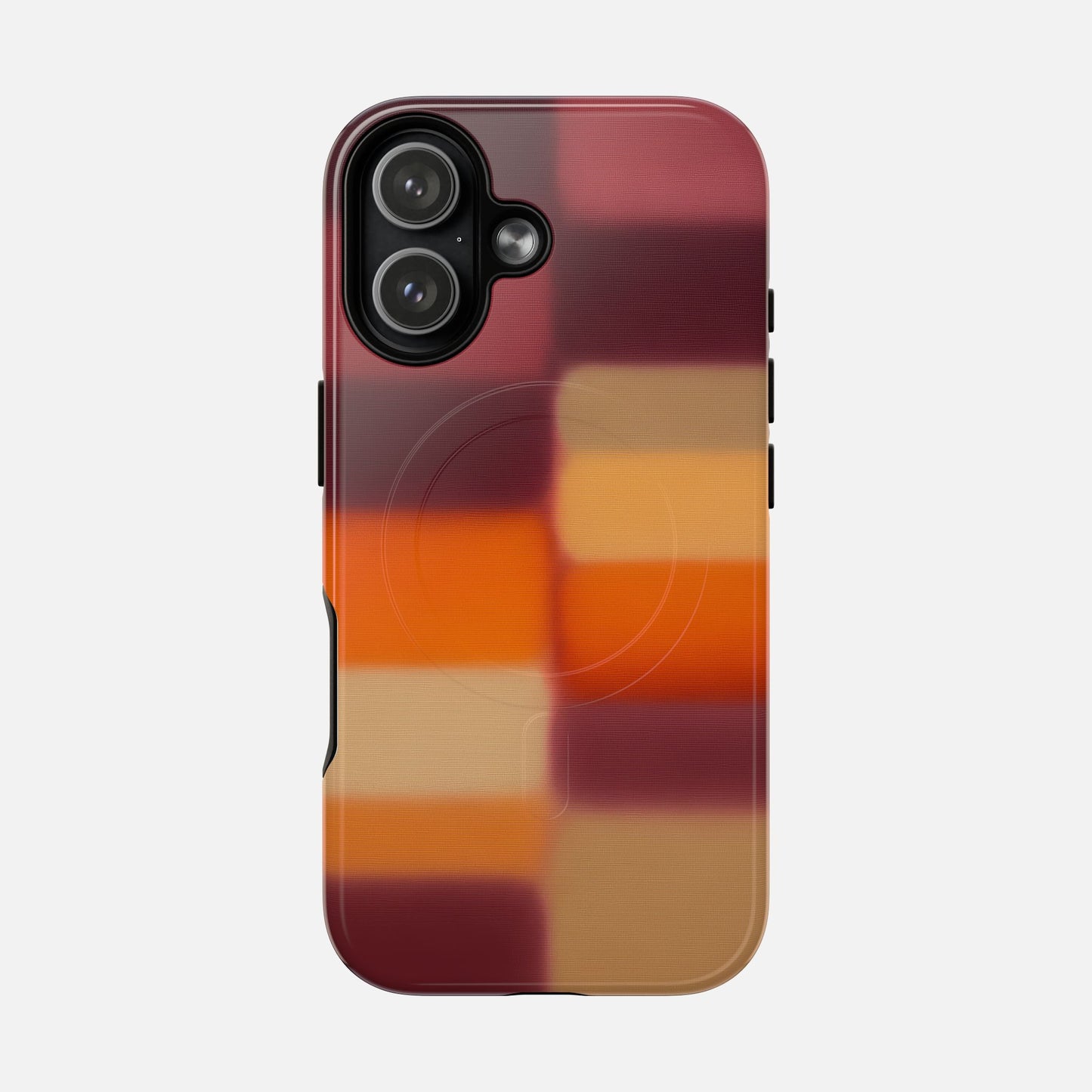 Colorful gradient phone case with modern plaid design for iPhone, featuring red, orange, and tan tones.