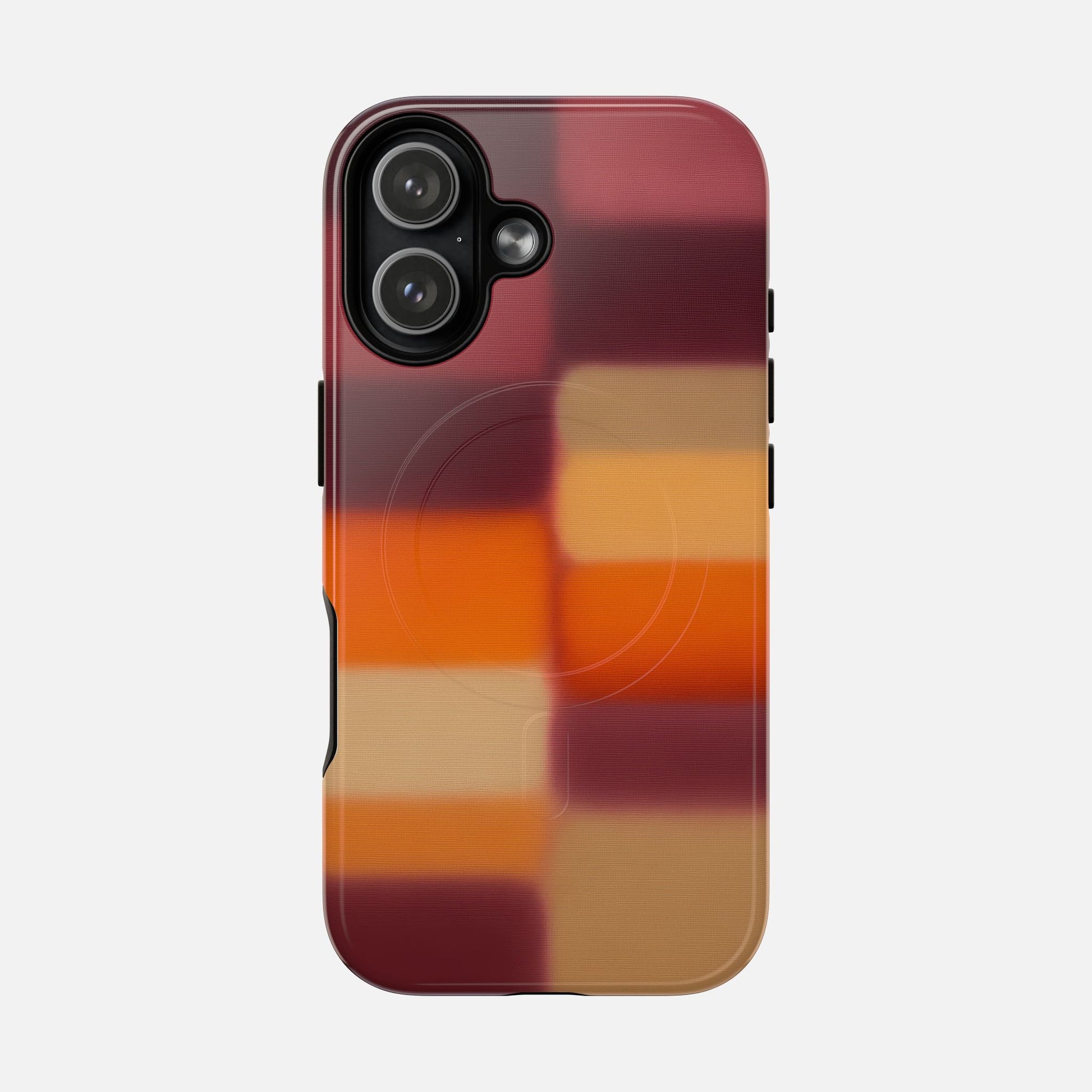 Colorful gradient phone case with modern plaid design for iPhone, featuring red, orange, and tan tones.