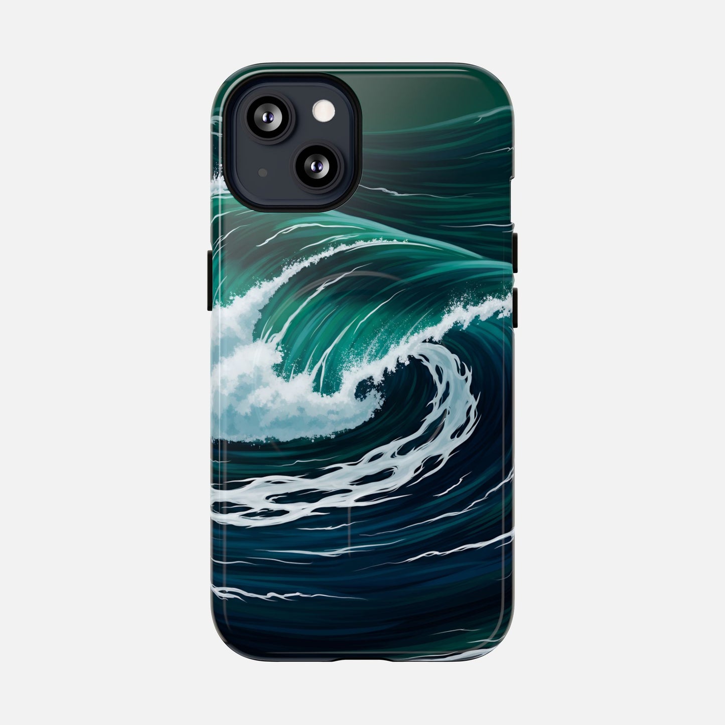 Ocean wave phone case with teal and navy surf design, creative sea art for iPhone