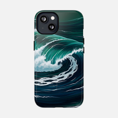 Ocean wave phone case with teal and navy surf design, creative sea art for iPhone