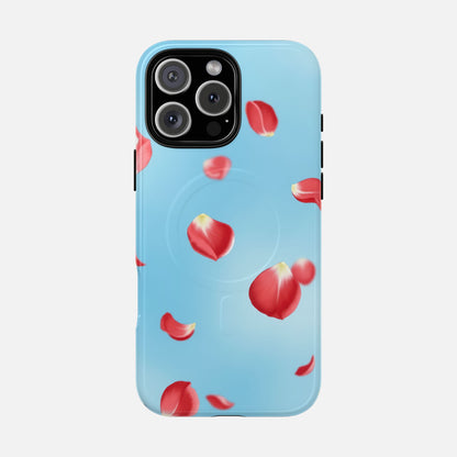 Light blue phone case with red rose petals design, fits iPhone Pro model