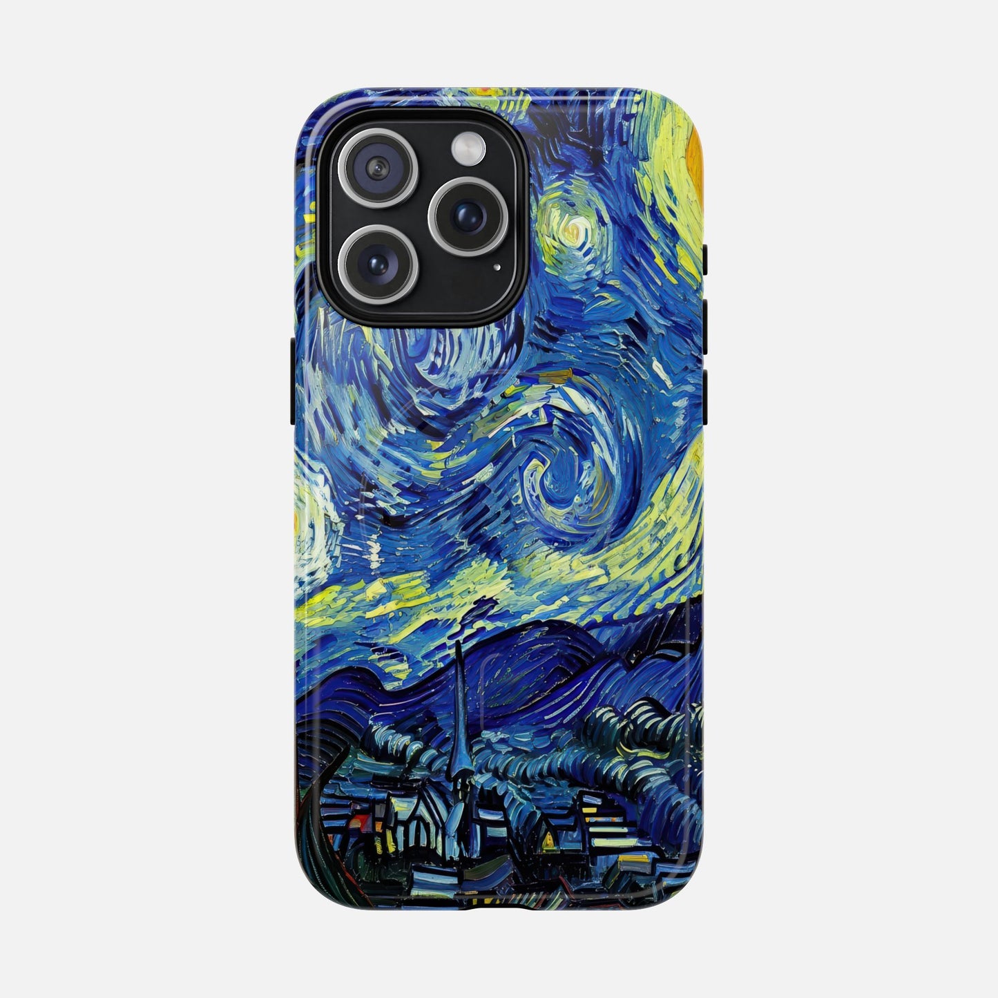 iPhone case with Van Gogh's Starry Night artwork, vibrant blue and yellow swirls, artistic phone protection