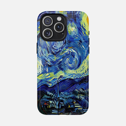 iPhone case with Van Gogh's Starry Night artwork, vibrant blue and yellow swirls, artistic phone protection