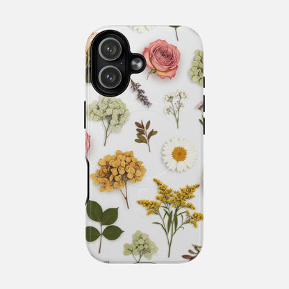 Floral Pressed Flower Tough Magnetic Phone Case — Botanical Dried Flowers Design iPhone 17 Glossy Phone Case