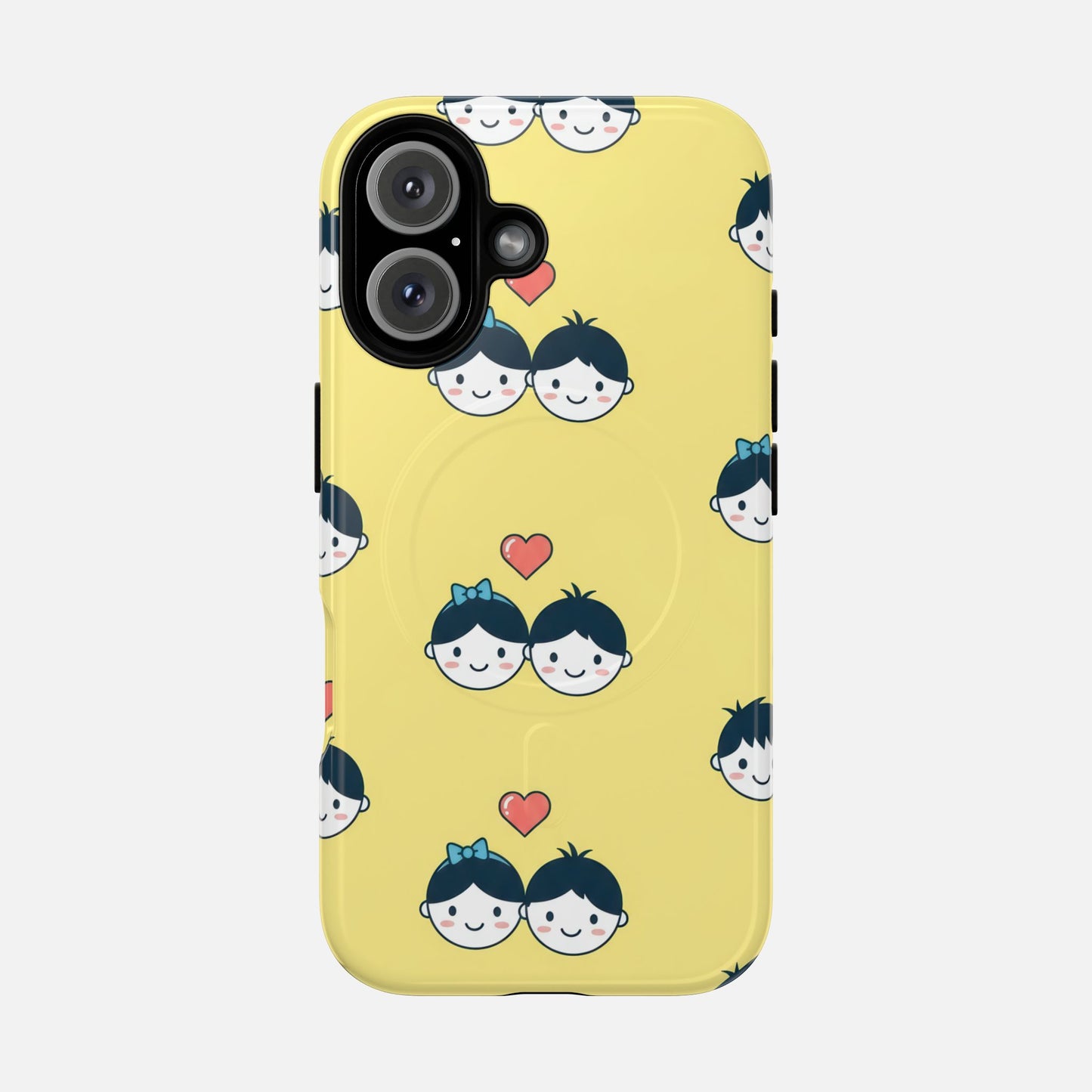Cute Couple Pattern Yellow Heart-Faced Duo Design iPhone Case — Tough Magnetic | MagSafe Compatible