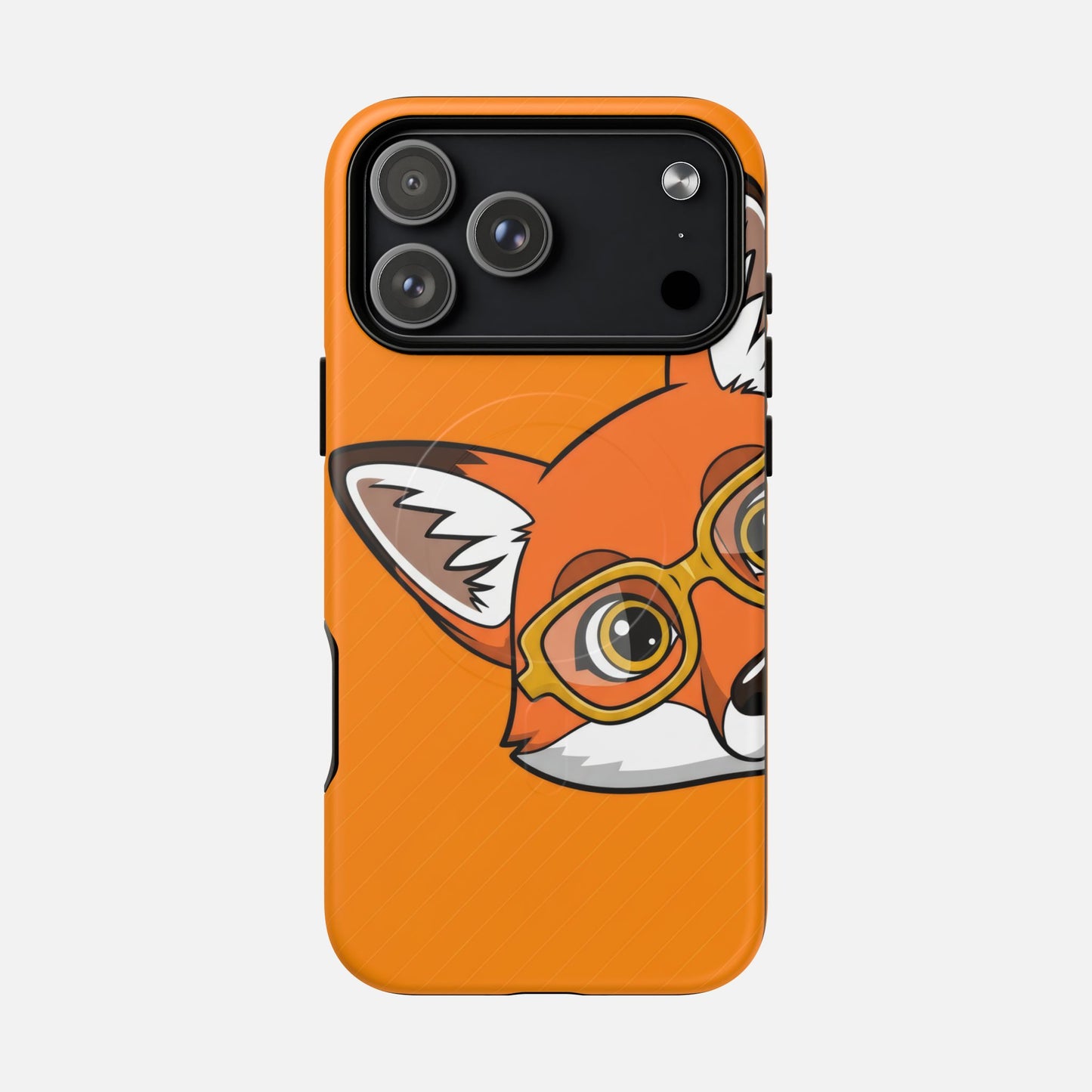 Orange phone case with cute fox wearing glasses, creative design for iPhone