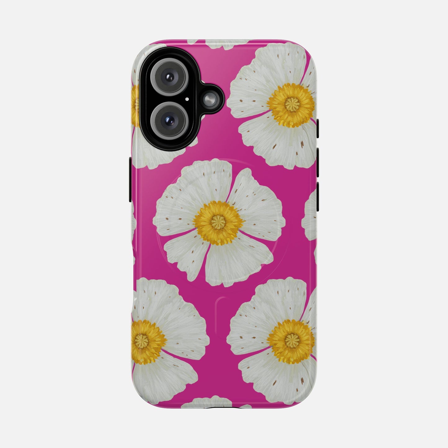Pink phone case with white flowers and yellow centers, floral design for iPhone