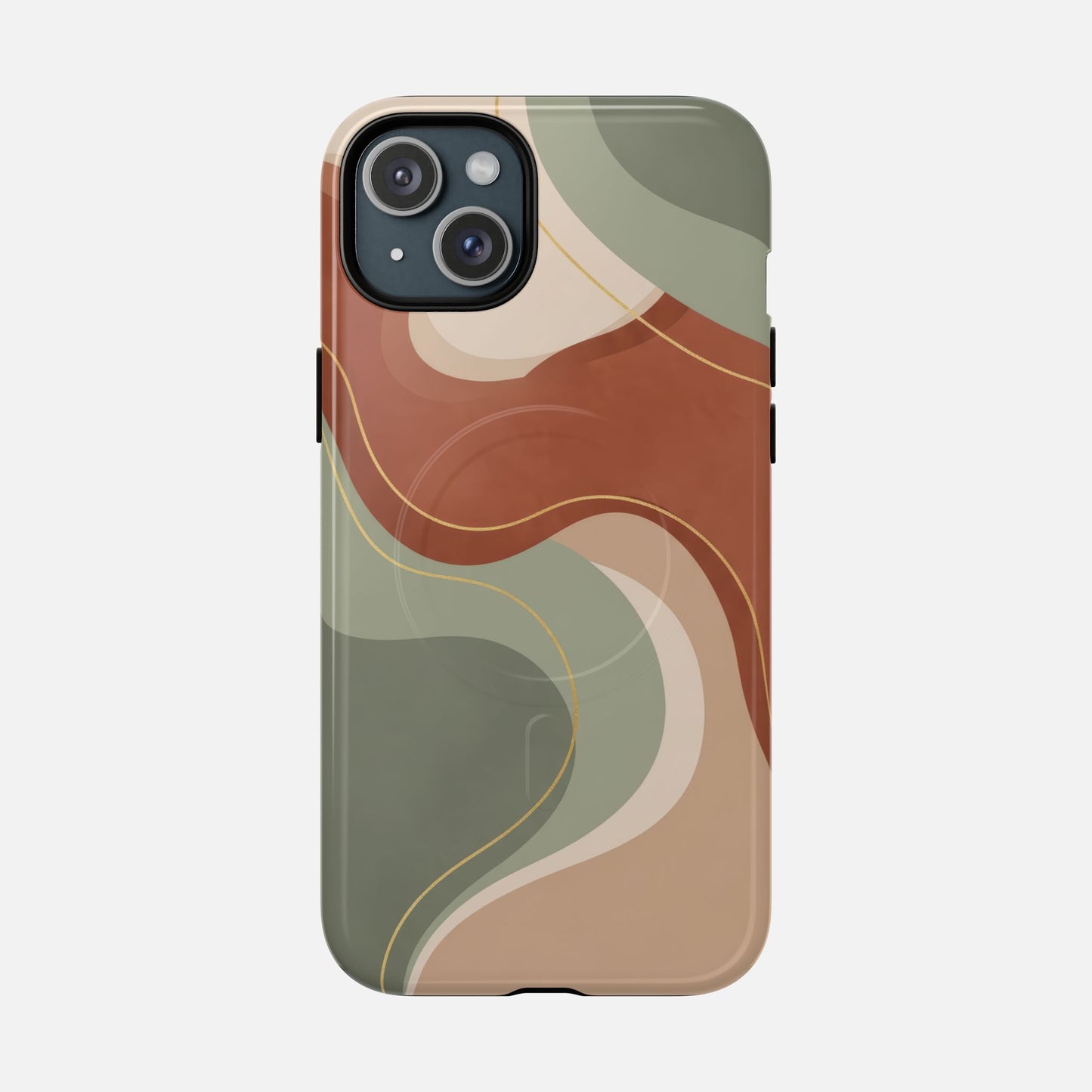 Modern abstract phone case with earthy swirls and gold lines, stylish protection for iPhone