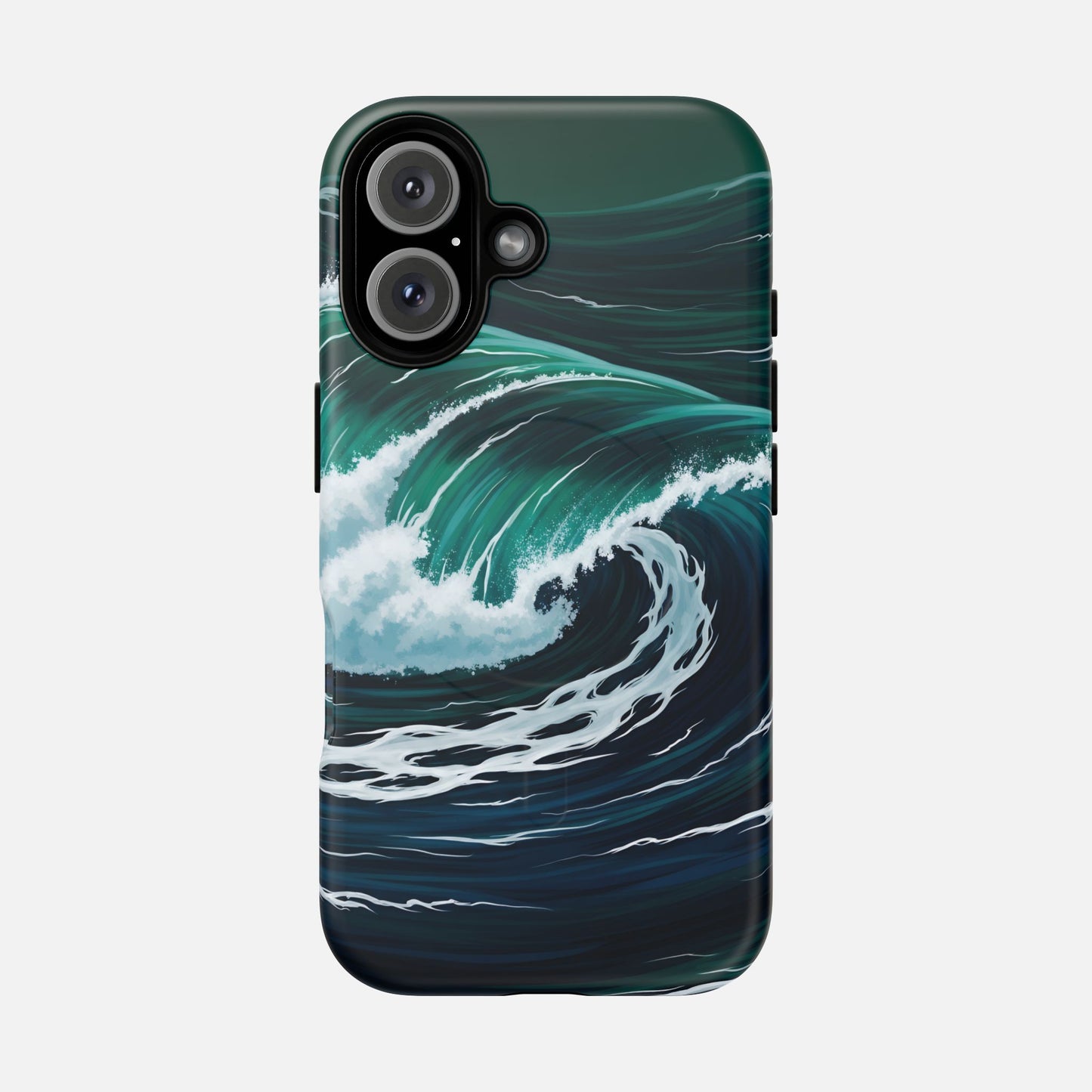 Ocean wave phone case with teal and white surf design, modern printed artwork for iPhone protection