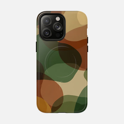 Camouflage phone case with green, brown, and tan pattern for iPhone 14 Pro