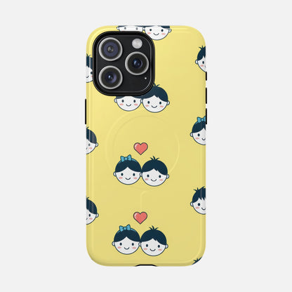 Cute Couple Pattern Yellow Heart-Faced Duo Design iPhone Case — Tough Magnetic | MagSafe Compatible