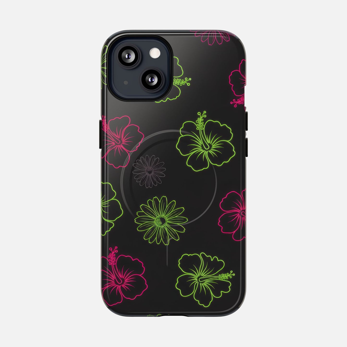 Neon Hibiscus Tough Magnetic Phone Case — Tropical Floral Protective Cover iPhone 13 Glossy Phone Case
