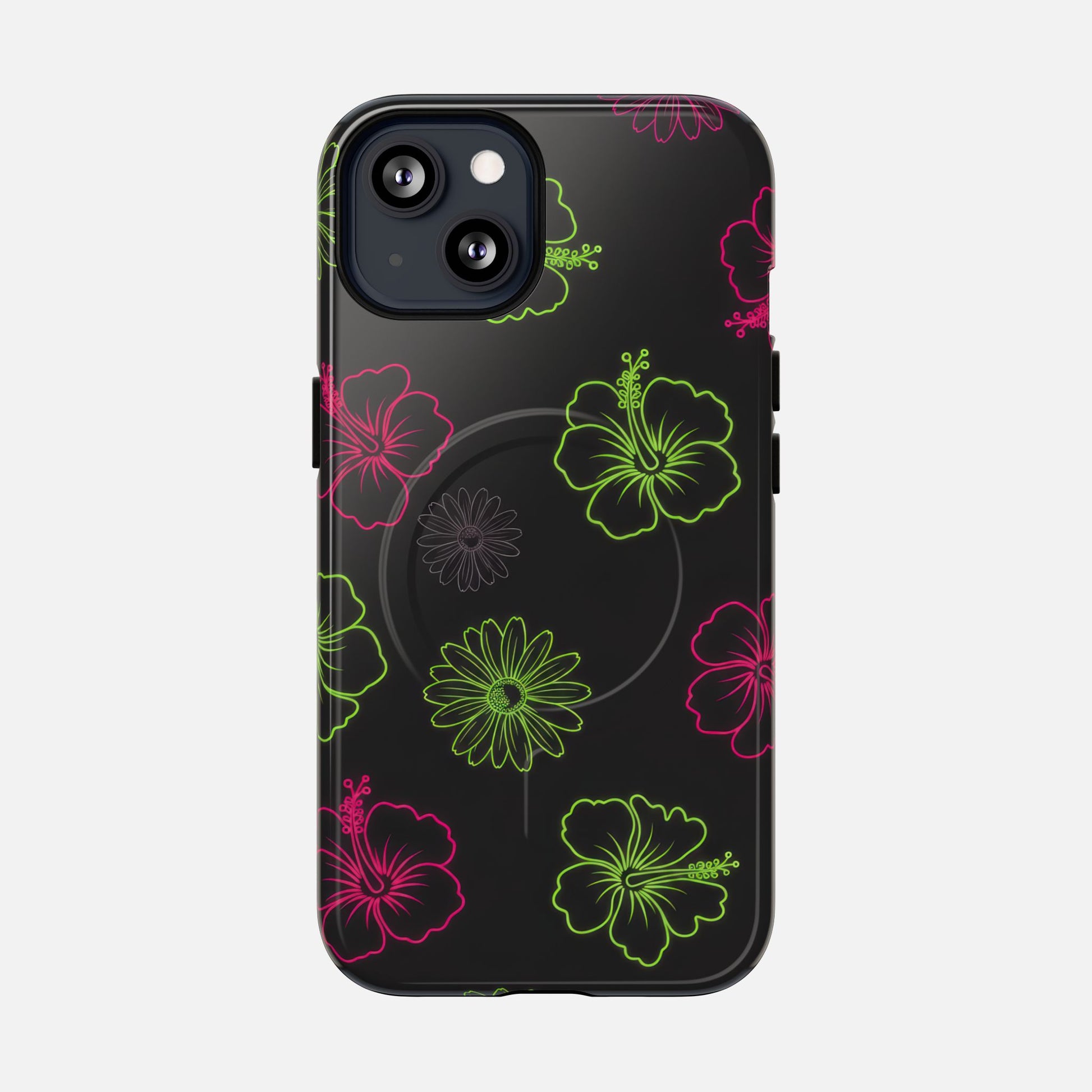 Neon Hibiscus Tough Magnetic Phone Case — Tropical Floral Protective Cover iPhone 13 Glossy Phone Case