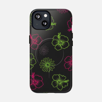 Neon Hibiscus Tough Magnetic Phone Case — Tropical Floral Protective Cover iPhone 13 Glossy Phone Case