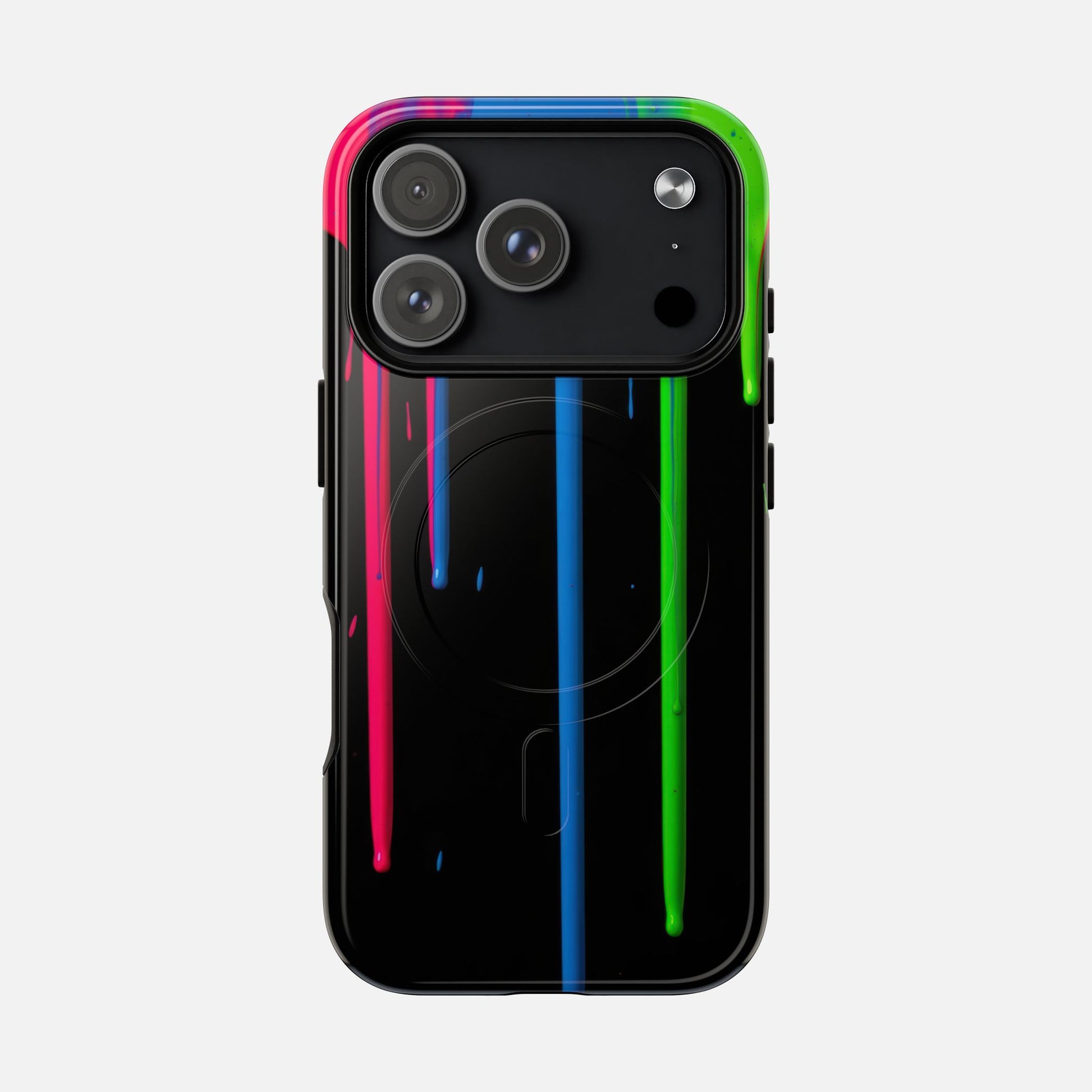 Neon Drip Tough Magnetic Case – Black Phone Cover with Bright Pink, Blue & Green Paint Drips iPhone 17 Pro Glossy Phone Case