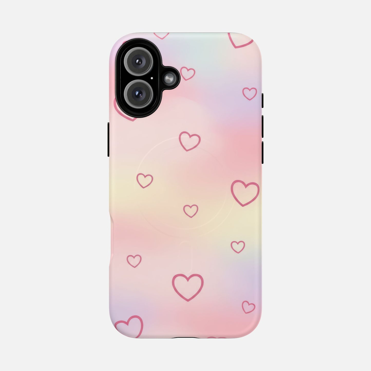Pastel gradient phone case with pink heart pattern, modern design for iPhone