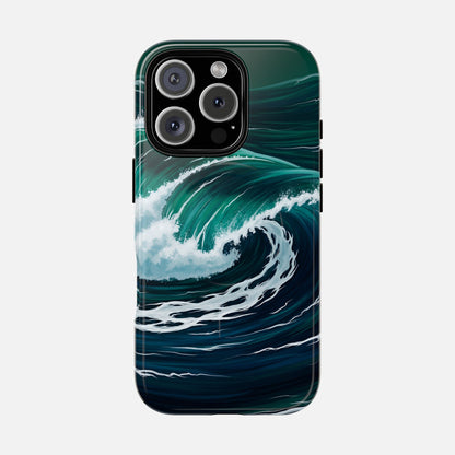 Ocean wave phone case with teal and navy surf design, modern printed artwork for iPhone protection