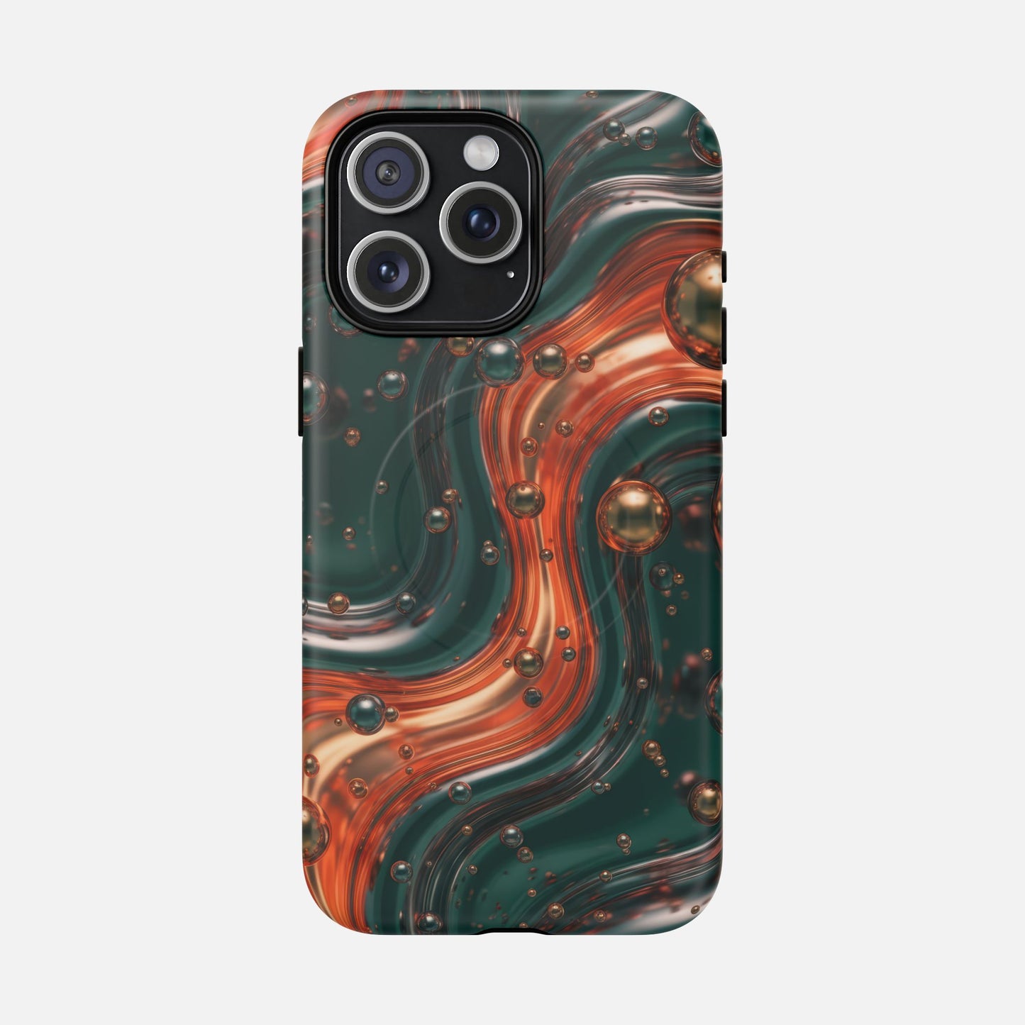 Magnetic Phone Case — Emerald & Copper Liquid Swirl Protective Cover iPhone 15 Pro Max Matte Phone Case