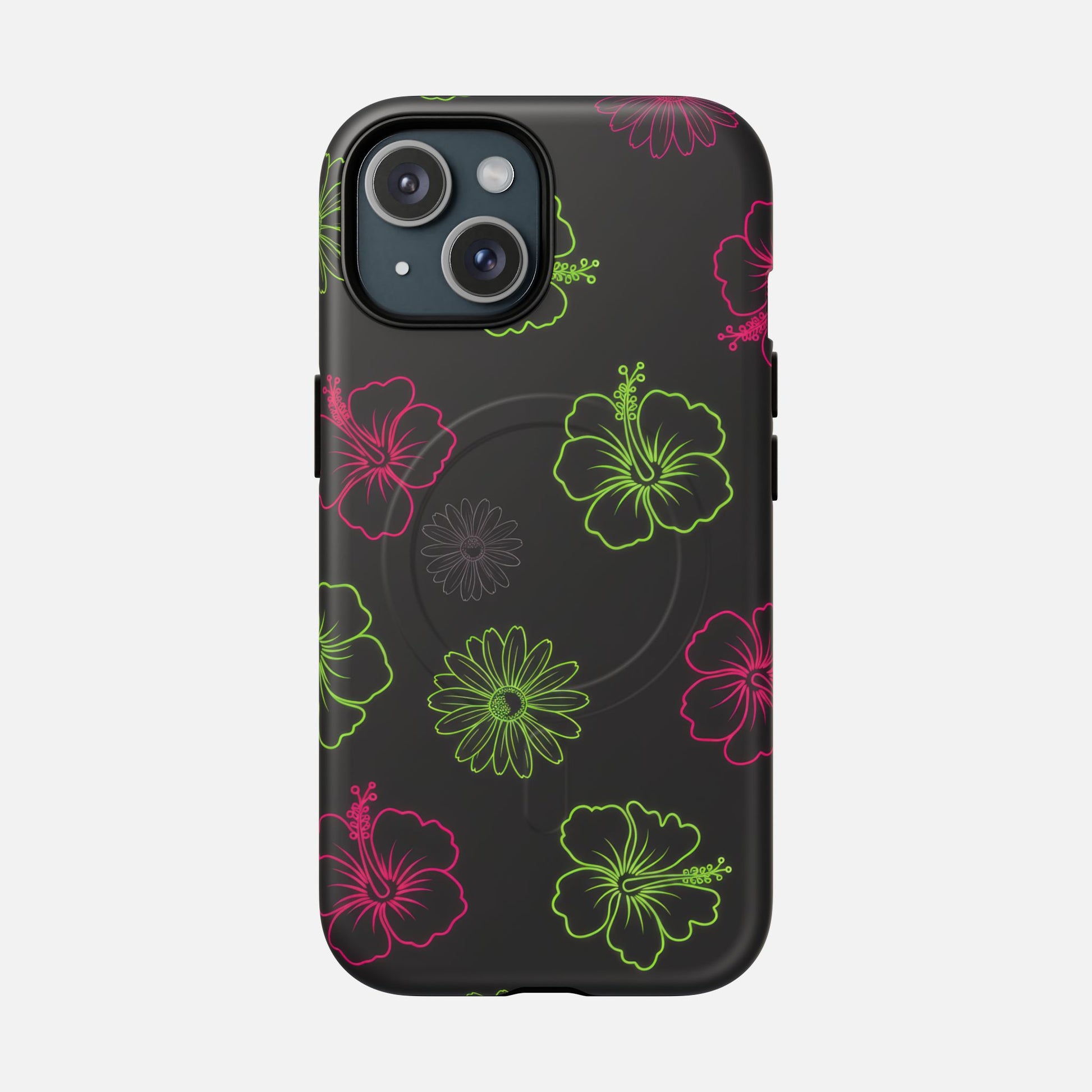 Neon Hibiscus Tough Magnetic Phone Case — Tropical Floral Protective Cover iPhone 15 Matte Phone Case