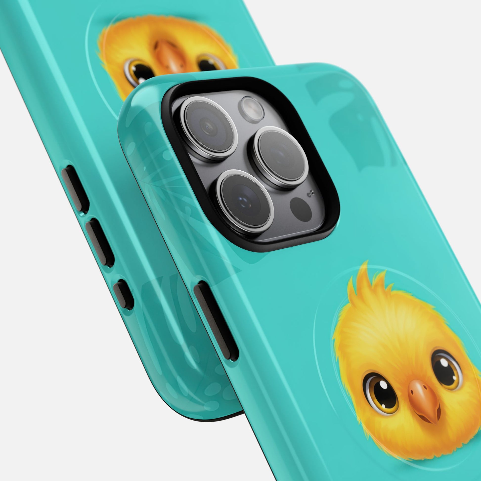 Cute yellow chick phone case with teal background, featuring modern camera cutout and playful design